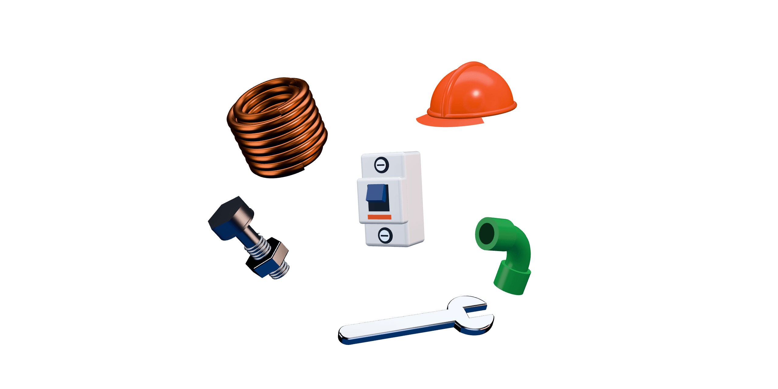Copper wire, a circuit breaker, a PPR pipe elbow, a hex bolt, a spanner and a safety helmet